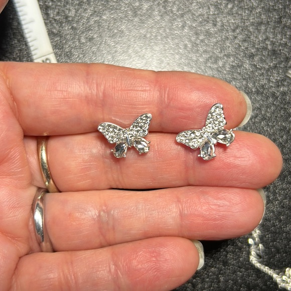 3/$25  Cubic Zirconia Butterfly Stud Earrings with Chain Decor Back - Picture 2 of 5